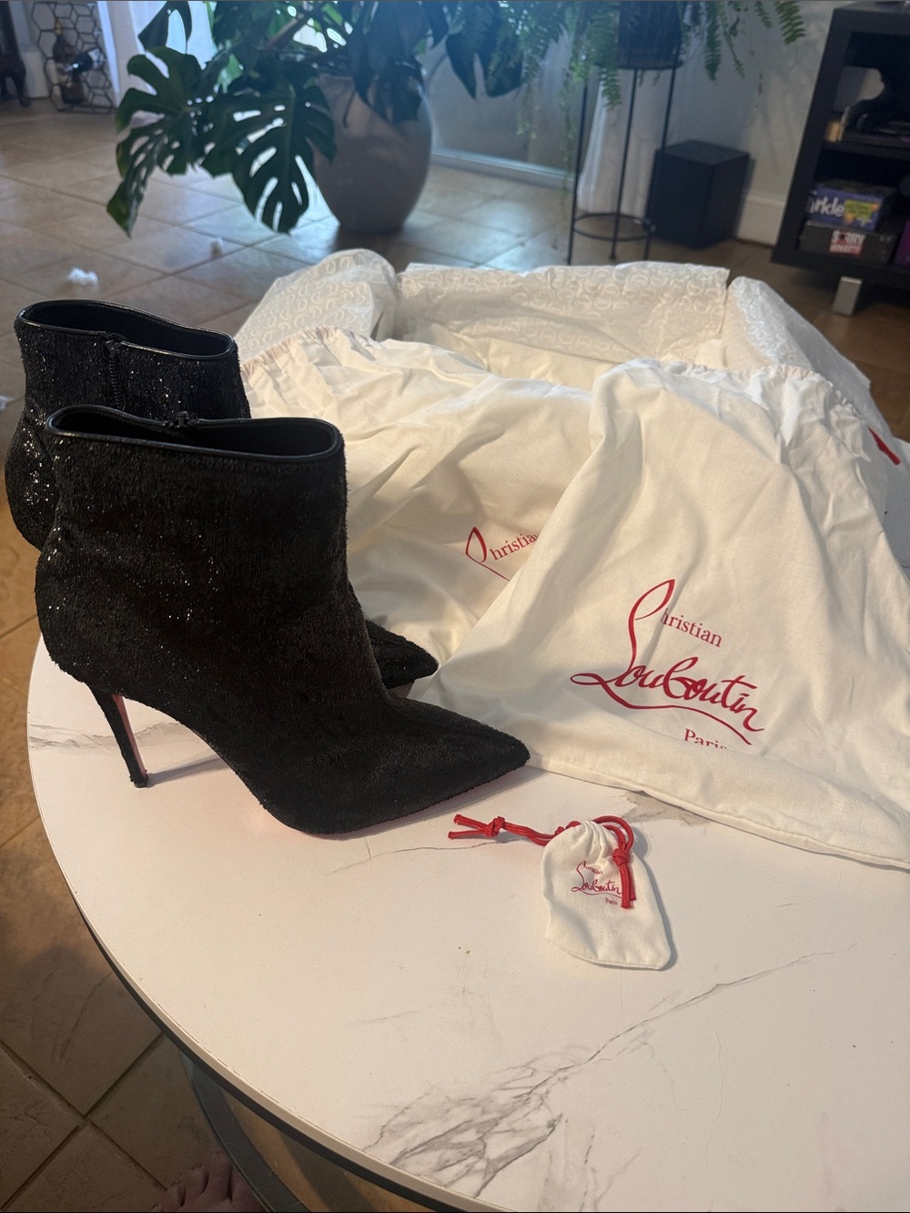 Christian Louboutin Black Glitter Pointed Toe Ankle Booties